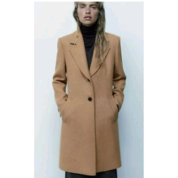 ZARA WOMEN'S FITTED WOOL BLEND DOUBLE-BREASTED COAT CAMEL/TAN S 8496 298 S - Picture 2 of 11